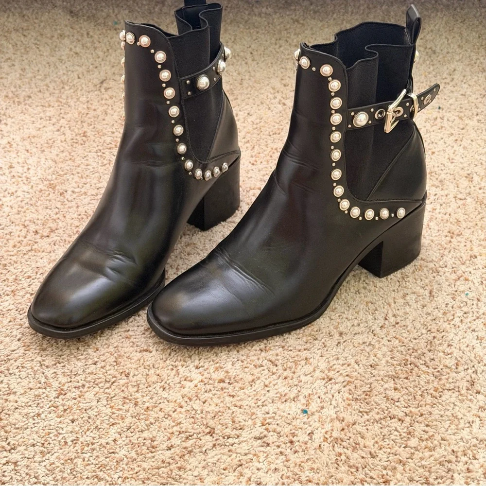 ZARA Black Pearl-Stud Ankle Boots – Women’s Size 41